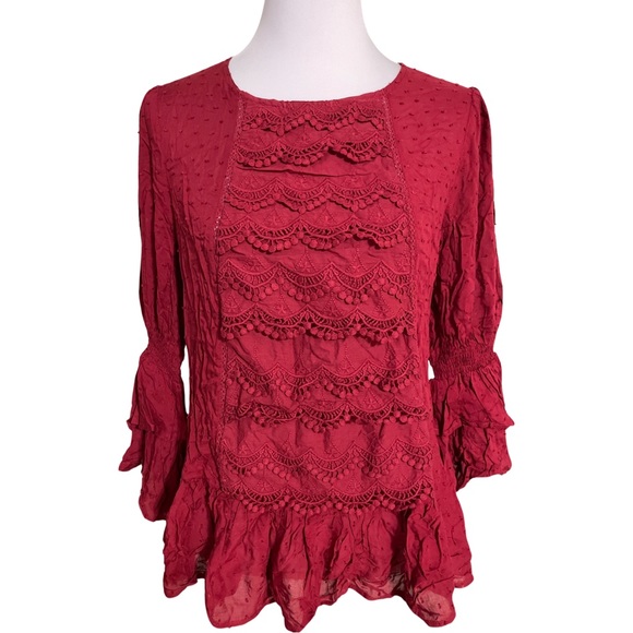 Entro Ruffled Blouse Burgundy - Picture 1 of 4